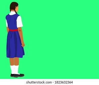 An indian government school girl cartoon standing alone on green background abstract art for educational concept.