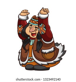 Indian grandma. Grandmother Indian tribe dancing ritual dancing.Cute vector illustration.