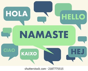 Indian greeting illustration. Speech bubbles with greetings in different languages. From left to right: Spanish, English, Indian, Ciao, Basque, Swedish. Learn hindi. Vector.