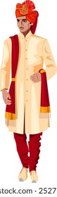 Indian groom in beautiful fashionable wedding suit with turban and brooch full length front view Vector