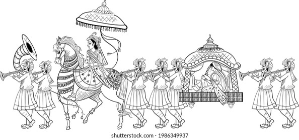  INDIAN GROOM AND BRIDE BARAAT BANDOLI WEDDING CARD CLIP ART LINE DRAWING SYMBOL  Indian marriage symbol baraat  music player  groom horse  bandoli   bride 