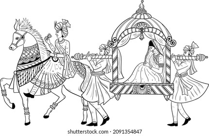  INDIAN GROOM AND BRIDE BARAAT BANDOLI WEDDING CARD CLIP ART LINE DRAWING SYMBOL. Indian marriage symbol baraat, music player, groom on a horse, bandoli and bride.