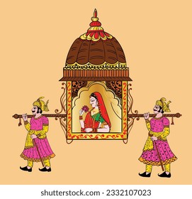 Indian Groom And Bride Baraat Bandoli Wedding Card Clip Art Line Drawing Symbol. Indian Marriage Symbol Baraat, Music Player, Groom On a Horse, Bandoli And Bride.