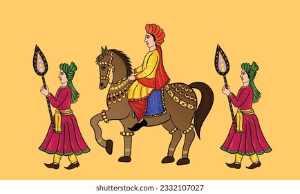 Indian Groom And Bride Baraat Bandoli Wedding Card Clip Art Line Drawing Symbol. Indian Marriage Symbol Baraat, Music Player, Groom On a Horse, Bandoli And Bride.