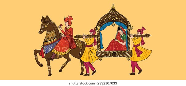 Indischer Bräutigam und Brautbaraat Bandoli Hochzeitskarte Clip Art Line Zeichnen Symbol. Indisches Heiratssymbol Baraat, Music Player, Groom on a Horse, Bandoli und Braut.