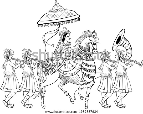INDIAN GROOM AND BRIDE BARAAT\
BANDOLI WEDDING CARD CLIP ART LINE DRAWING SYMBOL. Indian marriage\
symbol baraat, music player, groom on horse, bandoli AND\
bride