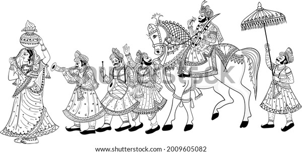  INDIAN GROOM AND BRIDE
BARAAT BANDOLI WEDDING CARD CLIP ART LINE DRAWING SYMBOL. Indian
marriage symbol baraat, music player, groom on a horse, bandoli and
bride.