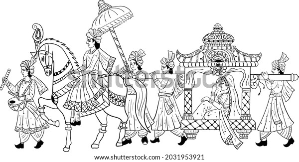  INDIAN GROOM AND BRIDE\
BARAAT BANDOLI WEDDING CARD CLIP ART LINE DRAWING SYMBOL. Indian\
marriage symbol baraat, music player, groom on a horse, bandoli and\
bride.