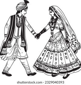 Indian Groom and Bride Black and White coloring page