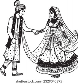 Indian Groom and Bride Black and White coloring page
