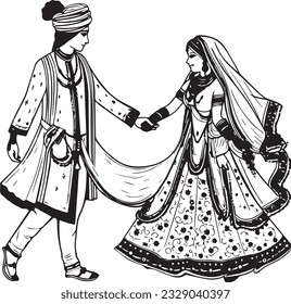 Indian Groom and Bride Black and White coloring page