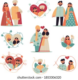 Indian groom and bride celebrating wedding ceremony in traditional colorful costumes