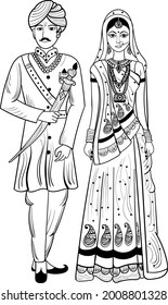 Indian Groom And Bride Line Art Design Black And White Clipart