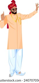 Indian groom dancing a wedding dance in traditional Indian wedding clothes in beige color and a red turban with full-length jewelry, arms raised up in dance Vector