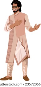 An Indian groom in a fashionable wedding suit of pastel colors put one hand on his heart with the other pointing to the advertising place The figure of an Indian groom stands in full height Vector