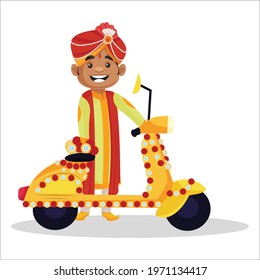 Indian groom is standing with the scooter. Vector graphic illustration. Individually on a white background.