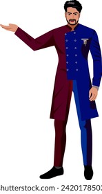 Indian Groom Wearing Fashionable Wedding Suit in Two Colors Burgundy and Dark Blue Latest Fashion Wedding Wear for Men Vector