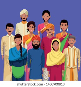 indian group of india wearing traditional hindu clothes on blue background vector illustration graphic design