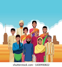 indian group of india wearing traditional hindu clothes on desertscape scenery vector illustration graphic design