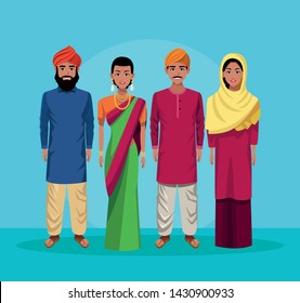 indian group of india wearing traditional hindu clothes on blue background vector illustration graphic design