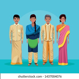 indian group of india wearing traditional hindu clothes on blue background vector illustration graphic design