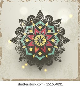 Indian grunge Ornament with sparkles and real shadow. Vector illustration for your business presentation