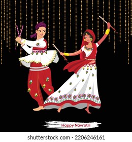 Indian Gujarati tradition illustration. Man and woman playing Garba with dandiya in Gujarati ethnic dress. Illustration of Gujarati religion. Beautiful white and Red color dress.