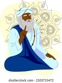 Indian Guru On Mandala Background With Big Beard Prays  Wise Mentor Giving Life Advice With Raised Index Finger  Vector Illustration In Trending Style In Trending Colors