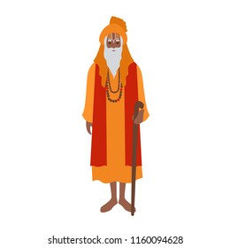 Indian guru wearing turban and traditional clothes, holding cane. Hindu clergyman, cleric or religious leader. Male cartoon character isolated on white background. Flat colorful vector illustration.