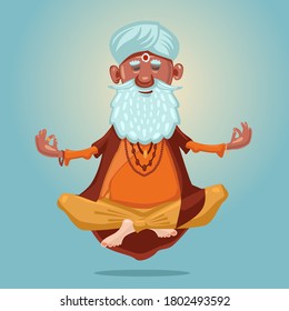 Indian guru yoga. Grandfather in the asana position. Old man meditating in a lotus pose. Cartoon character on isolated background.