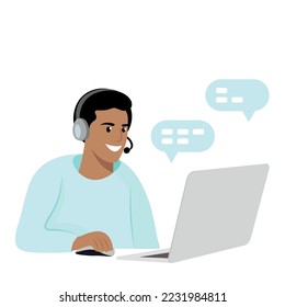 Indian guy in headphones with laptop, call center worker, online, home office, flat vector, isolated on white