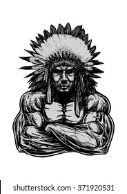 An Indian guy with muscular body wearing Indian Headdress, 