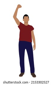 Indian guy portrait, one hand raised up, flat vector on white background, faceless illustration