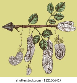 Indian hand arrow and rose leaves with feathers. Hand drawn vector illustration elements for your unusual design.
