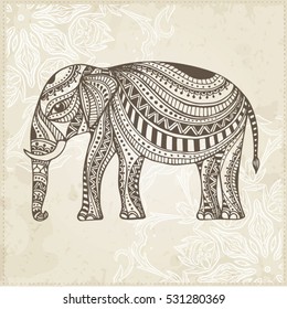 Indian Hand Drawn Elephant. Arabic and Jewish amulet. Vector Illustration for T shirt, cards, poster design. 