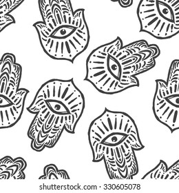 Indian Hand Drawn Hamsa with All Seeing Eye. Arabic and Jewish amulet. Pattern