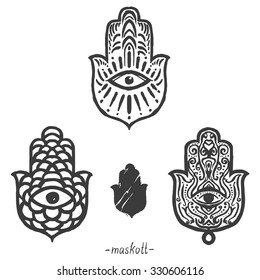 Indian Hand Drawn Hamsa with All Seeing Eye. Arabic and Jewish amulet. set