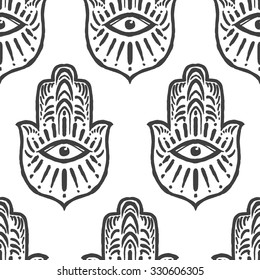Indian Hand Drawn Hamsa with All Seeing Eye. Arabic and Jewish amulet. Pattern