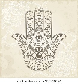 Indian Hand Drawn Hamsa with All Seeing Eye. Arabic and Jewish amulet. Vector Illustration.