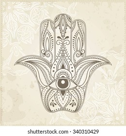 Indian Hand Drawn Hamsa with All Seeing Eye. Arabic and Jewish amulet. Vector Illustration.