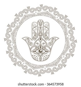 Indian Hand Drawn Hamsa with All Seeing Eye in Mandala Frame. Arabic and Jewish amulet. Vector Illustration.