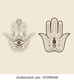 Indian Hand Drawn Hamsa with All Seeing Eye. Arabic and Jewish amulet. Vector Illustration.