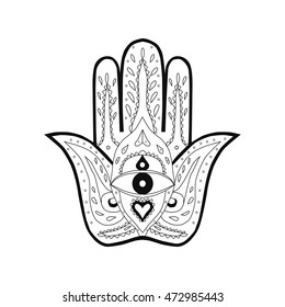 Indian Hand Drawn Hamsa with All Seeing Eye. Arabic and Jewish amulet. Vector Illustration on white background.