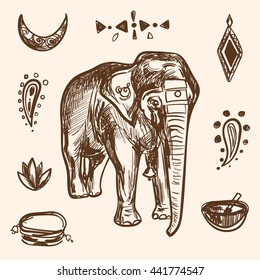 Indian Hand Drawn Hamsa with Elephant Arabic and Jewish amulet Vector Illustration.