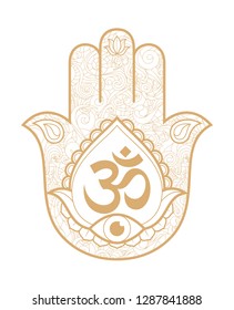 Indian hand Hamsa or hand of Fatima with third eye and logo Om. Hand drawn