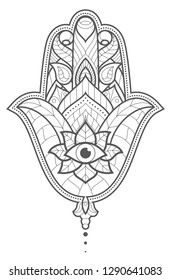 Indian hand Hamsa or hand of Fatima with third eye. Hand drawn