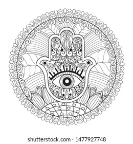 Indian hand Hamsa or hand of Fatima with third eye for adult coloring book, T-shirt emblem, logo or tattoo, zentangle design elements. Zentangle stylized cartoon isolated on white background. 