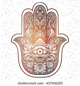 La mano india Hamsa o la mano de Fátima con el tercer ojo, el encanto de buena suerte, mehendi zentangle boho dibujado a mano línea chic de la ilustración vectorial de arte. Mascota étnica espiritual esoterica.Tatuaje, coloreo, diseño de camisetas