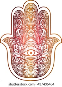 Indian hand Hamsa or hand of Fatima with third eye,good luck charm, hand drawn mehendi zentangle boho chic line art vector illustration. Esoteric spiritual ethnic mascot.Tattoo,coloring,t-shirt design