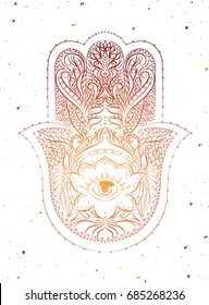 Indian hand Hamsa or hand of Fatima with third eye,good luck charm, hand drawn mehendi zentangle boho chic line art vector illustration. Esoteric spiritual ethnic mascot.Tattoo,coloring,t-shirt design